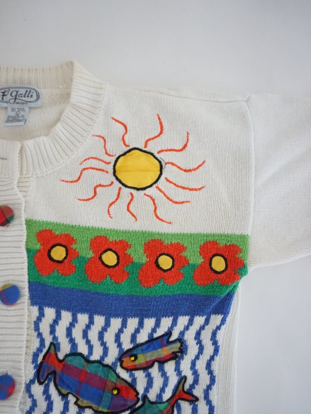 Vintage P Galli White Fishing Lake Cabin Scenic Fish Button Sailor Cardigan L - Picture 5 of 13